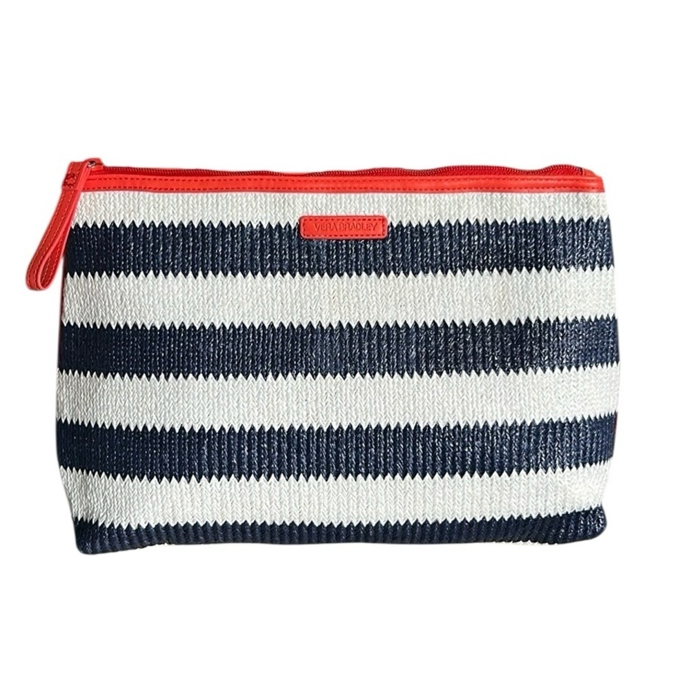 Vera Bradley Beach Navy & White Stripe with Coral Straw Woven Cosmetic Beach Bag